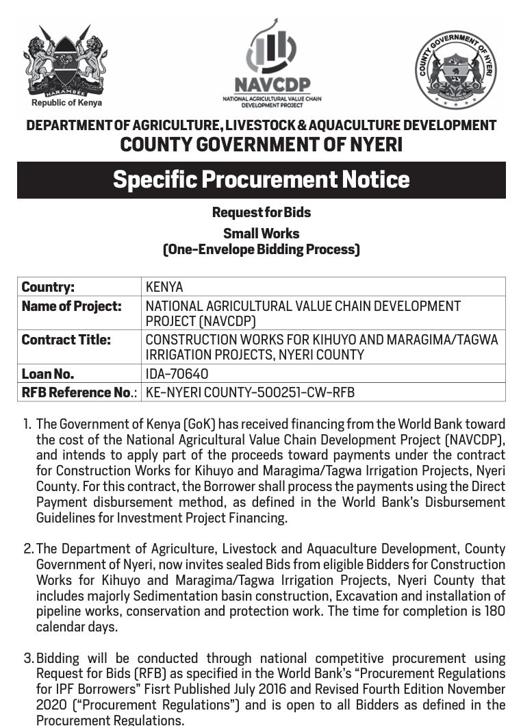 Request for Bids for Construction Works for Kihuyo and Maragima/Tagwa Irrigation Projects
