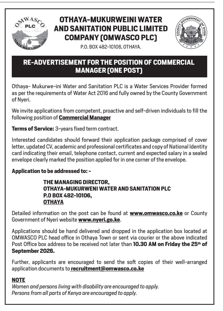 Vacancy Advertisement – Commercial Manager, OMWASCO